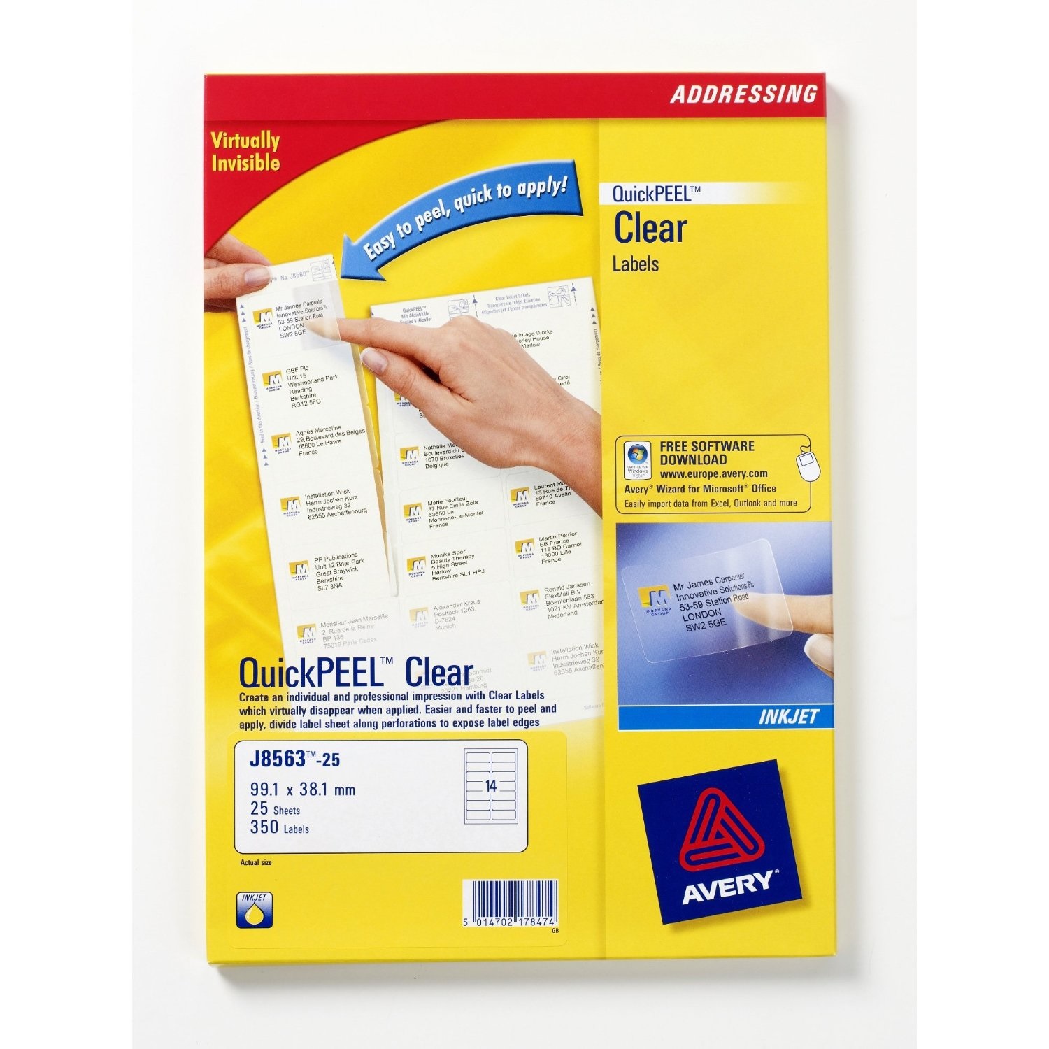 Avery Etichette Trasparenti Autoadesive QuickPEEL™ J8563-25 - Poliestere, 99,1 x 38,1 mm, 25 Fogli A4, 14 Etichette/Foglio