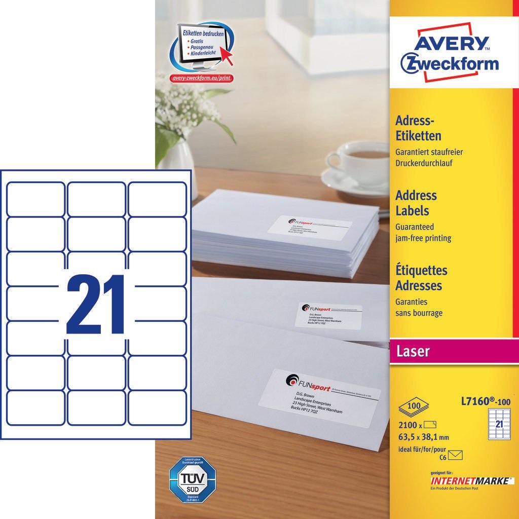 Avery L7160-100 Etichette Bianche per Indirizzi 63,5x38,1 mm - 21 Etichette/Foglio, Adesivo Permanente, Tecnologia Ultragrip™ e JamFree™, Conf. 100 Fogli