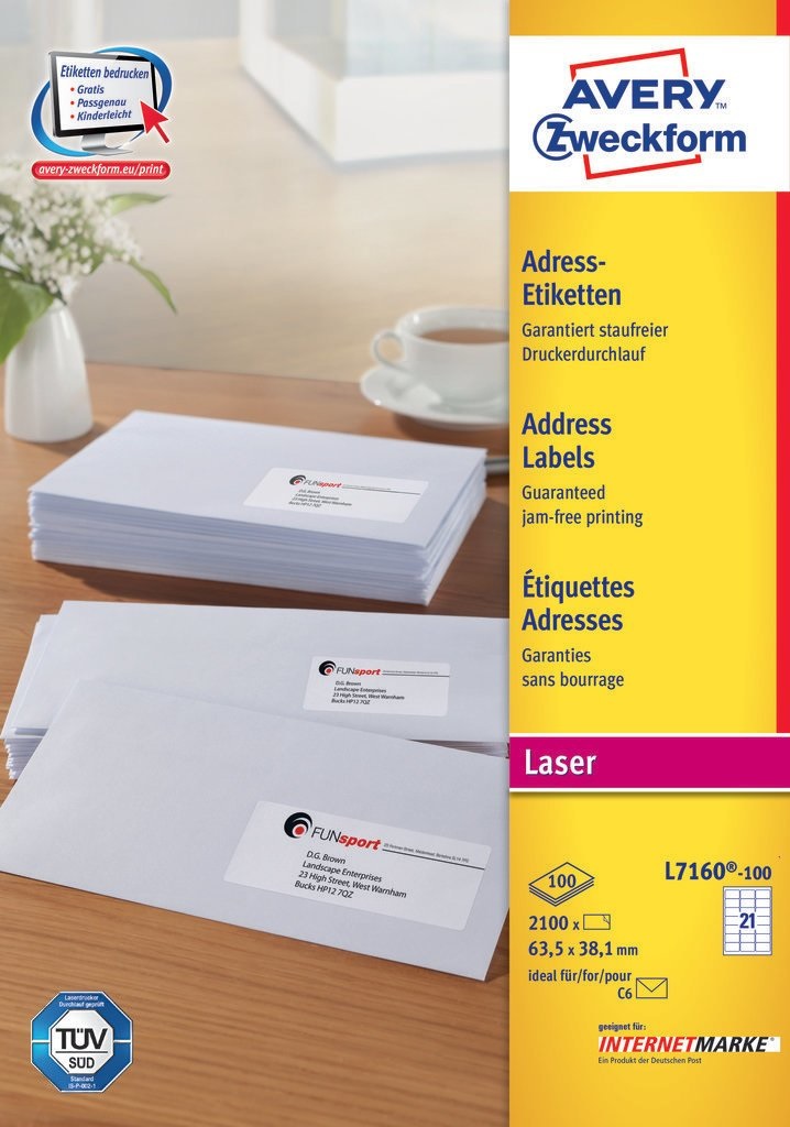 Avery L7160-100 Etichette Bianche per Indirizzi 63,5x38,1 mm - 21 Etichette/Foglio, Adesivo Permanente, Tecnologia Ultragrip™ e JamFree™, Conf. 100 Fogli
