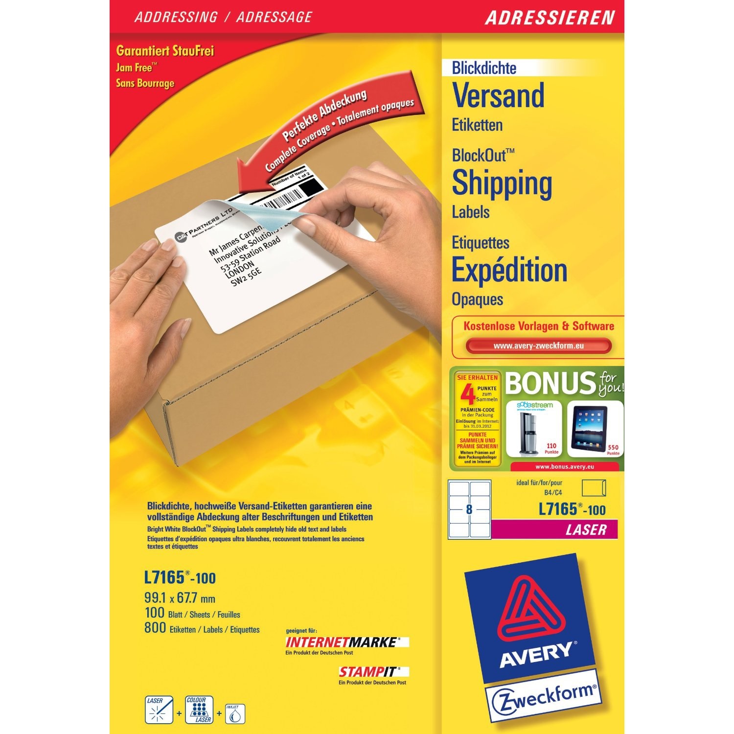 Avery L7165-100 Etichette Adesive Bianche per Indirizzi - 99,1x67,7 mm, 100 Fogli, 8 Etichette per Foglio, Adesivo Permanente, Tecnologia Ultragrip™ e JamFree™