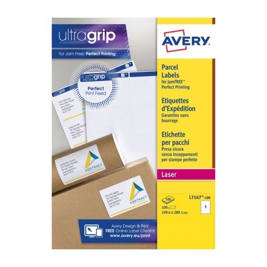 Avery L7167-100 Etichette Adesive Bianche per Indirizzi, 199,6 x 289,1 mm, Adesivo Permanente, 100 Fogli, Tecnologia Ultragrip™ e JamFree™