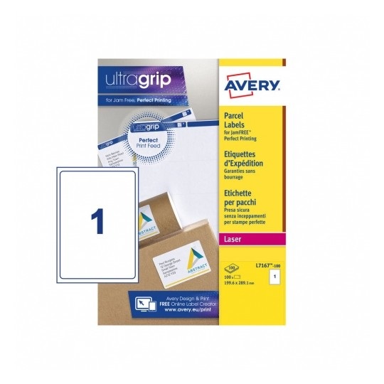 Avery L7167-100 Etichette Adesive Bianche per Indirizzi, 199,6 x 289,1 mm, Adesivo Permanente, 100 Fogli, Tecnologia Ultragrip™ e JamFree™