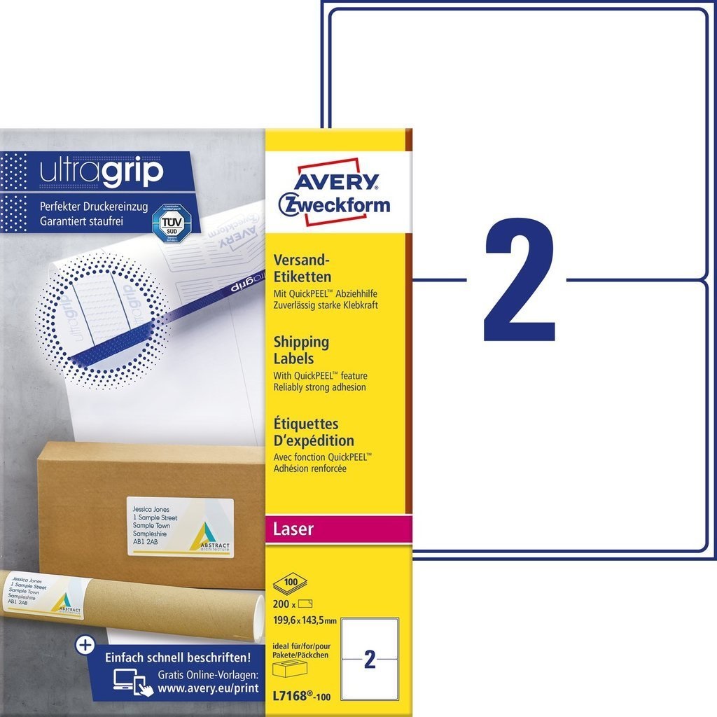 Avery L7168-100 Etichette Autoadesive Bianche Rettangolari 199,6x143,5 mm - Adesivo Permanente, Tecnologia Ultragrip™ e JamFree™, Conf. 100 Fogli