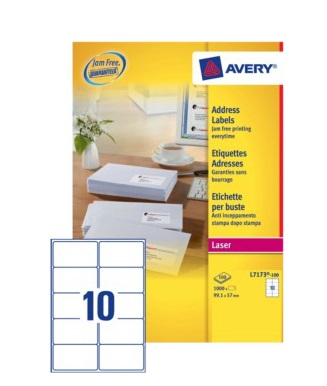 Avery L7173-100 Etichette Bianche per Indirizzi 99,1x57 mm - 10 Etichette per Foglio - 100 Fogli - Carta Adesiva Permanente - Tecnologia Ultragrip™ e JamFree™