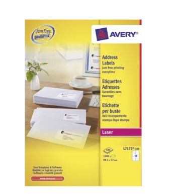 Avery L7173-100 Etichette Bianche per Indirizzi 99,1x57 mm - 10 Etichette per Foglio - 100 Fogli - Carta Adesiva Permanente - Tecnologia Ultragrip™ e JamFree™
