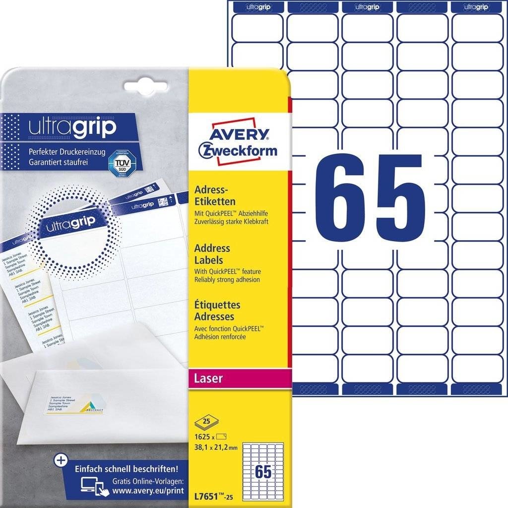 Avery L7651-25 Etichette adesive bianche per indirizzi 38,1x21,2 mm - 65 etichette per foglio, 25 fogli, adesivo permanente, compatibili con stampanti laser