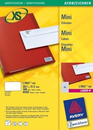Avery L7651-100 Etichette adesive bianche per indirizzi 38,1x21,2 mm - 65 etichette per foglio - 100 fogli - Tecnologia Ultragrip™ e Laser