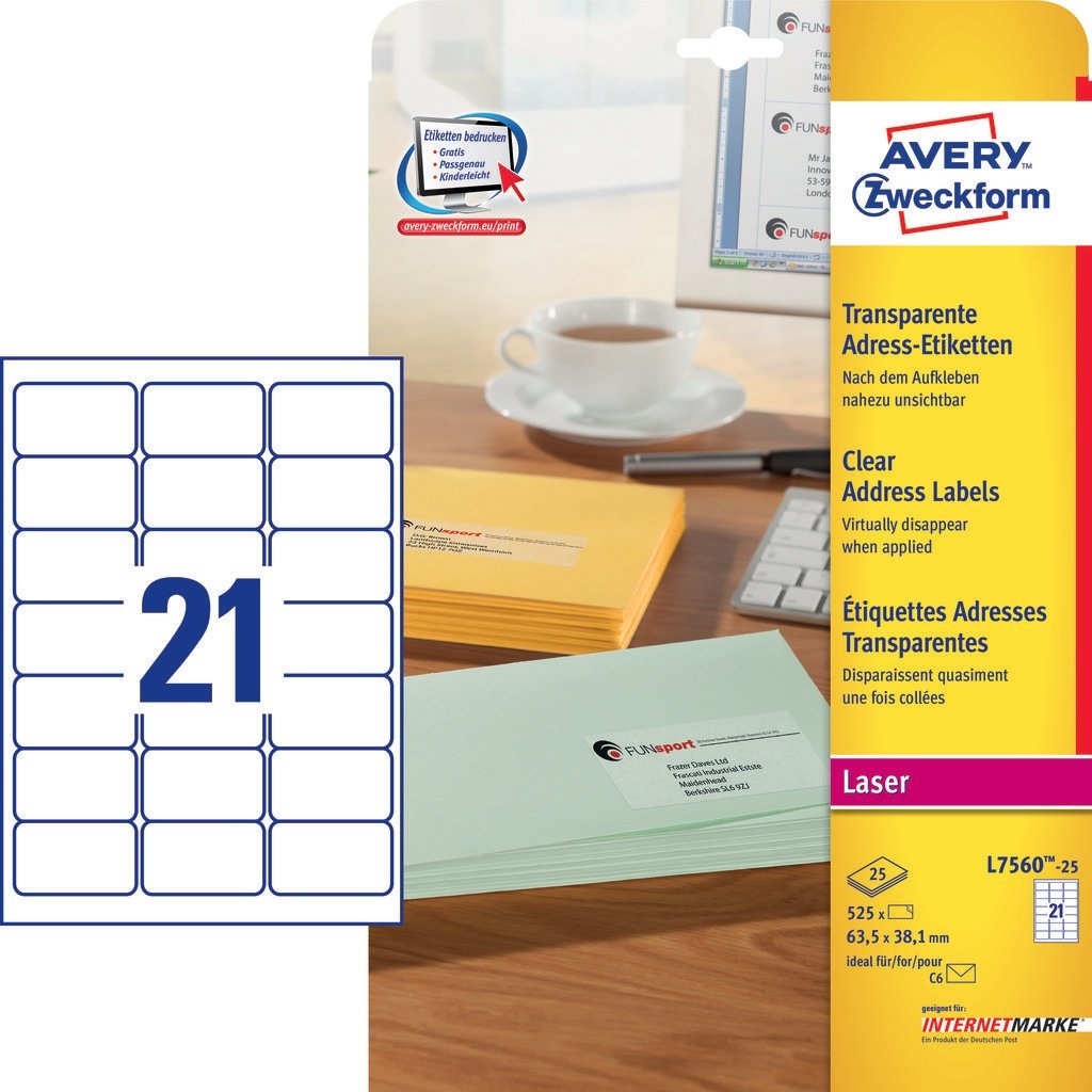 Avery L7560-25 Etichette Trasparenti Lucide in Poliestere QuickPEEL™ 63,5x38,1 mm - 21 Etichette per Foglio - Conf. 25 Fogli - Adesivo Permanente