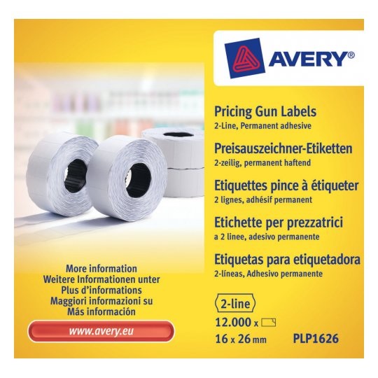 Avery PLP1626 Etichette per Prezzatrice 2 Linee, Permanenti, Bianco, 16x26mm, 1200 Etichette per Rotolo
