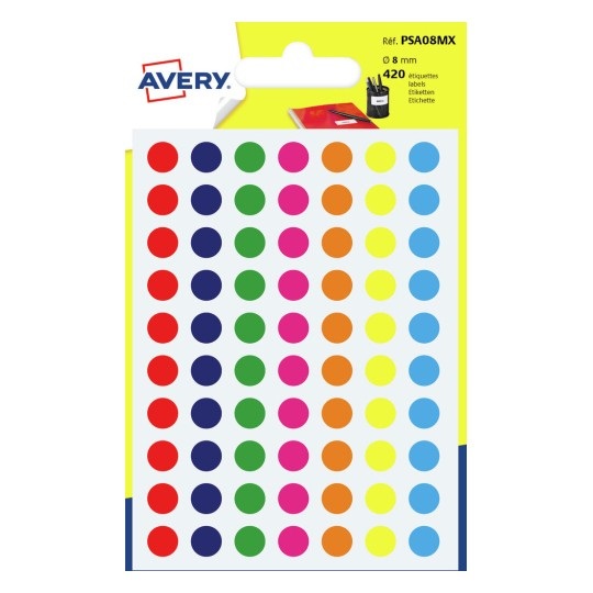 Avery Etichette Adesive Rotonde Ø 8 mm Colorate Assortite - 420 Etichette in 6 Fogli - Adesivo Permanente e Scrivibili a Mano