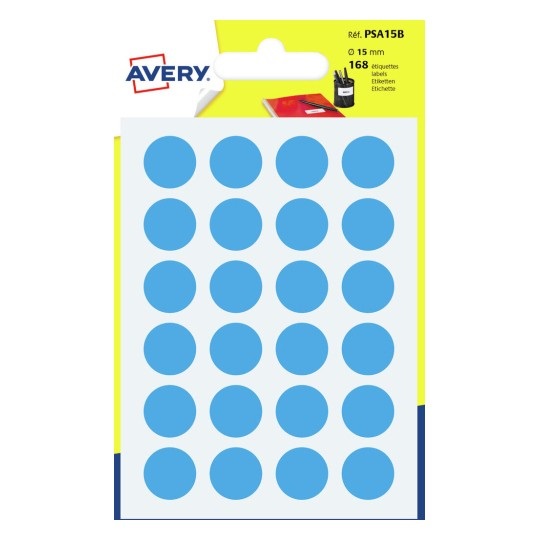 Avery Etichette Adesive Rotonde Blu Ø 15 mm - 24 Etichette per Foglio - Scrivibili a Mano - Bustina da 7 Fogli - PSA15B