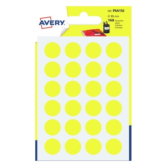 Avery Etichette Adesive Rotonde Gialle Ø 15 mm - Permanenti, Scrivibili a Mano, Confezione da 168 Etichette (7 Fogli da 24 Etichette)