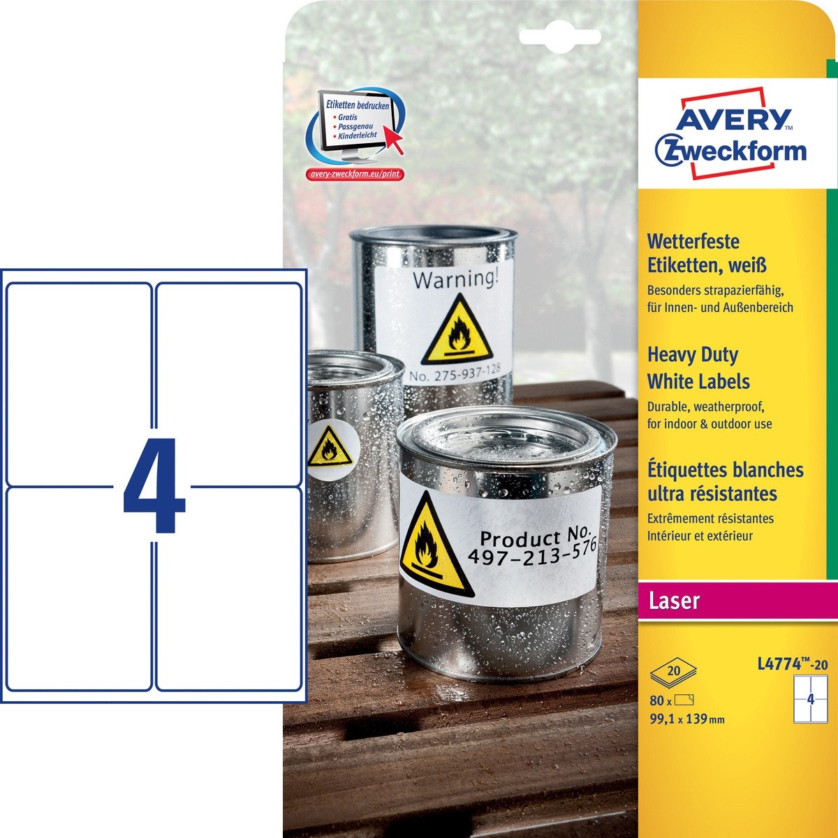Avery Etichette Adesive in Poliestere Bianco L4774 - 99,1 x 139 mm - Permanenti - 4 Etichette per Foglio - Conf. 20 Fogli - Resistente all'Acqua e agli Strappi