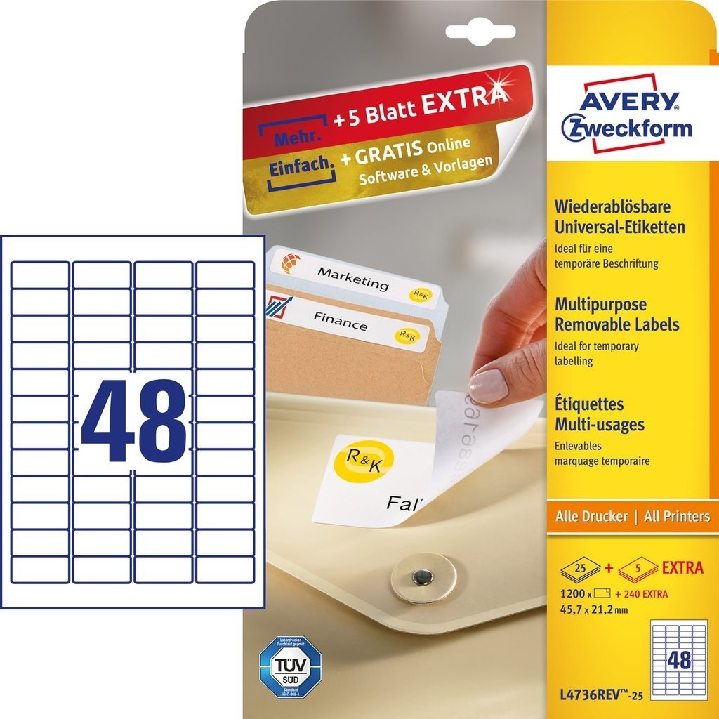 Avery L4736REV-25 Etichette Adesive Rimovibili in Carta Bianca - 45,7 x 21,2 mm - 48 Etichette per Foglio - Confezione da 25 Fogli A4