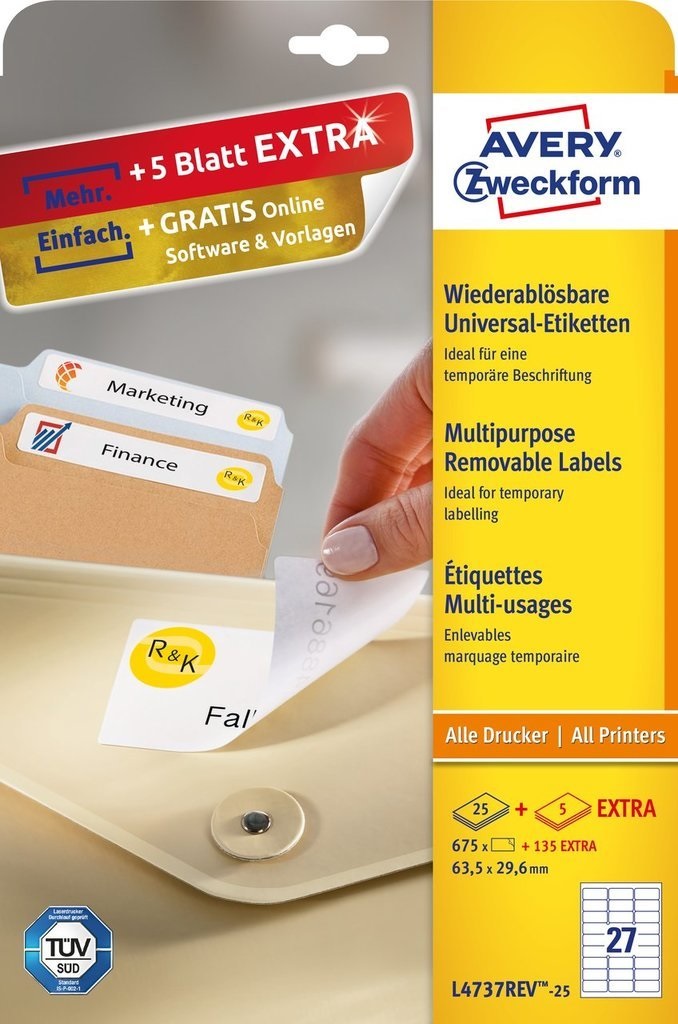 Avery L4737REV-25 Etichetta Autoadesiva Bianco Rettangolo con Angoli Arrotondati Rimovibile 63,5 x 29,6 mm - 25 Fogli (27 Etichette per Foglio)