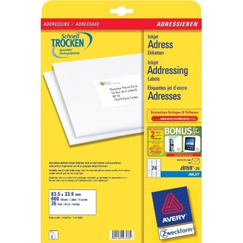 Avery J8159-25 Etichette Adesive Bianche per Indirizzi - 63,5 x 33,9 mm - 24 Etichette per Foglio - 25 Fogli - Adesivo Permanente - Compatibili con Stampanti Inkjet