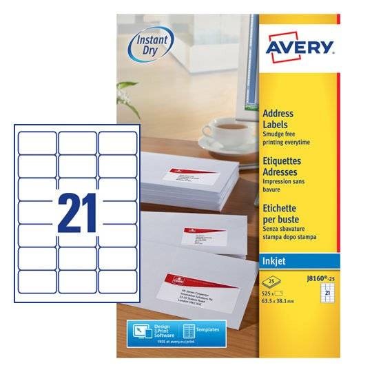 Avery J8160-25 Etichette Adesive Bianche per Stampanti Inkjet - 63,5 x 38,1 mm - 21 Etichette per Foglio - Confezione da 25 Fogli