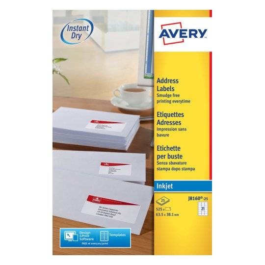 Avery J8160-25 Etichette Adesive Bianche per Stampanti Inkjet - 63,5 x 38,1 mm - 21 Etichette per Foglio - Confezione da 25 Fogli