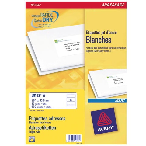 Avery J8162-25 Etichette adesive bianche QuickDRY™ per indirizzi - 99,1 x 33,9 mm - 16 etichette per foglio - confezione da 25 fogli A4