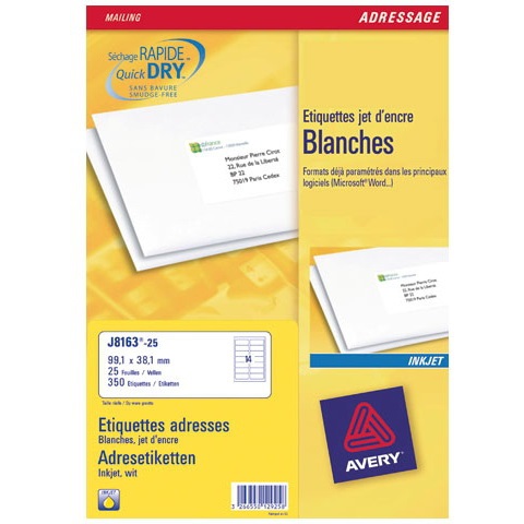 Avery Etichette Adesive J8163 - Bianco - 99,1 x 38,1 mm - 14 Etichette per Foglio - 25 Fogli - Adatte per Stampanti Inkjet con Tecnologia QuickDRY