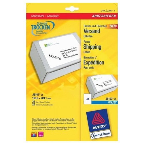 Avery J8167-25 Etichette Adesive Bianche A4 - 199,6 x 289,1 mm - 25 Fogli - 1 Etichetta per Foglio - Adatte per Stampanti Inkjet - Tecnologia QuickDRY™