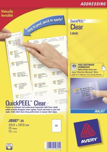 Avery J8567-25 Etichette Trasparenti in Poliestere Adesivo Permanente - 210 x 297 mm - 25 Fogli - Compatibili con Stampanti Inkjet