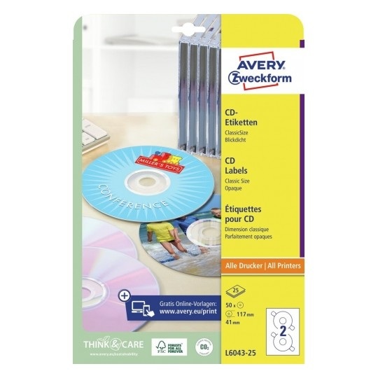 Avery L6043-25 Etichette Adesive per CD/DVD Bianche - Ø 117 mm, Foro 41 mm, 2 Etichette per Foglio, Confezione da 25 Fogli, Tecnologia No Touch