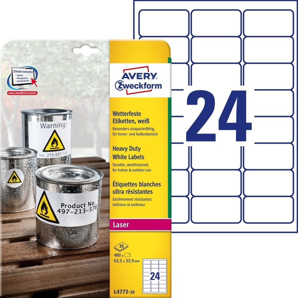 Avery L4773-20 Etichette Adesive in Poliestere Bianco 63,5x33,9 mm - 24 Etichette per Foglio - Confezione da 20 Fogli - Permanenti e Resistenti per Uso Esterno