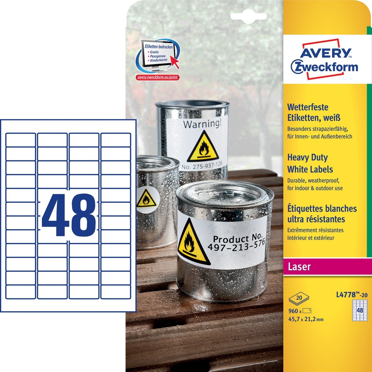 Avery Etichette Permanenti in Poliestere Bianco - 45,7 x 21,2 mm - 48 Etichette per Foglio - Conf. 20 Fogli - Adatte per Stampanti Laser