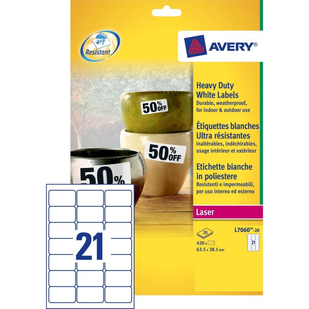 Avery Etichette in poliestere bianco - 63,5 x 38,1 mm - 21 etichette per foglio - adesivo permanente - per stampanti laser - conf. 20 fogli