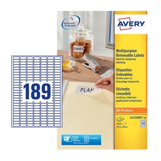 Avery Etichette Bianche Rimovibili - 25,4 x 10 mm - 189 Etichette per Foglio - Compatibili con Stampanti Laser e Inkjet - Conf. 25 Fogli