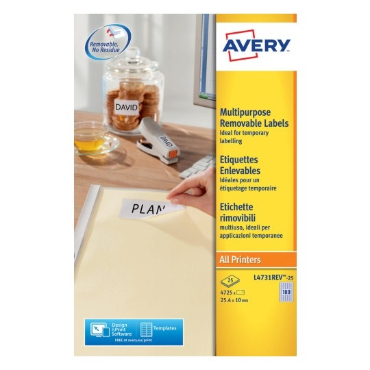 Avery Etichette Bianche Rimovibili - 25,4 x 10 mm - 189 Etichette per Foglio - Compatibili con Stampanti Laser e Inkjet - Conf. 25 Fogli