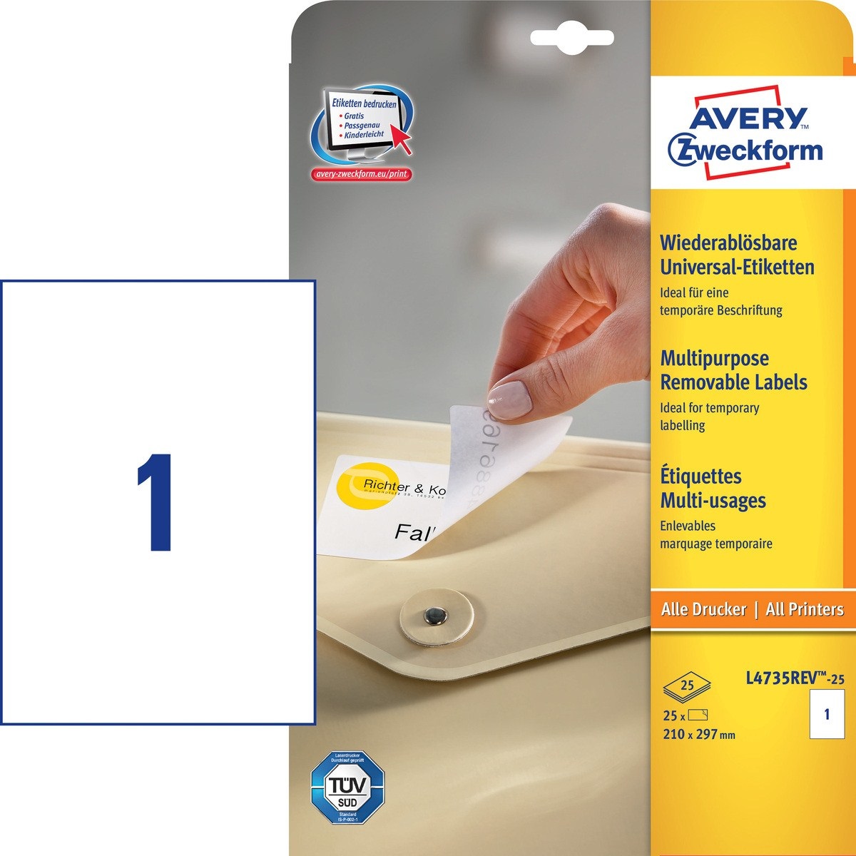 Avery Etichette Bianche Rimovibili L4735REV-25 - 210 x 297 mm, 1 Etichetta per Foglio, Confezione da 25 Fogli, Compatibili con Stampanti Laser e Inkjet