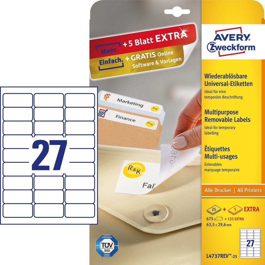 Avery L4737REV-25 Etichette Bianche Rimovibili 63,5x29,6 mm con Angoli Arrotondati - 27 Etichette per Foglio, Confezione da 25 Fogli, Compatibili con Stampanti Laser e Inkjet