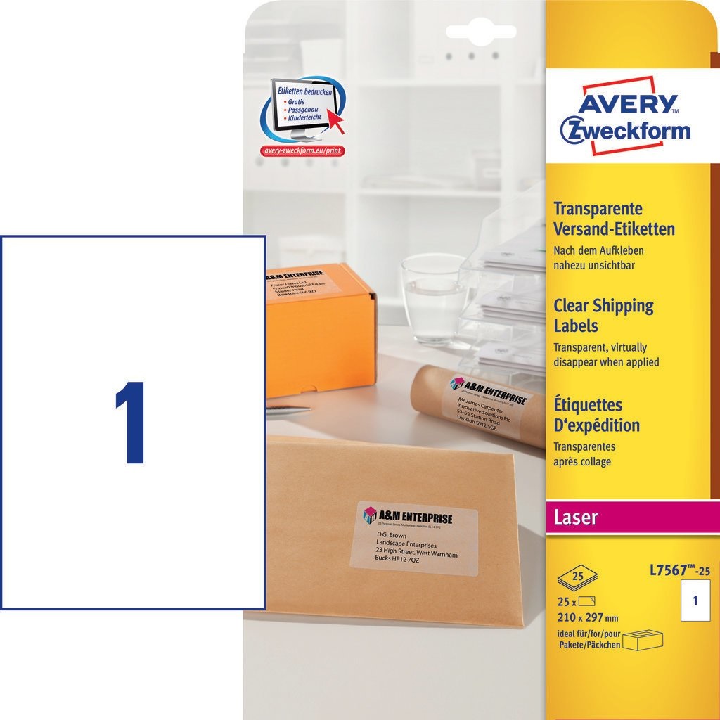 Avery L7567-25 Etichette adesive trasparenti in poliestere QuickPEEL™ 210 x 297 mm - 1 etichetta per foglio - Confezione da 25 pz