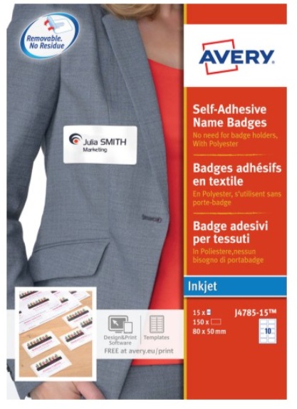 Avery Italia J4785-15 Badge Identificativi Adesivi in Seta Acetata, 80x50mm, 15 Fogli A4, 10 Badge per Foglio, Rimovibili, Compatibili con Stampanti Inkjet e Laser