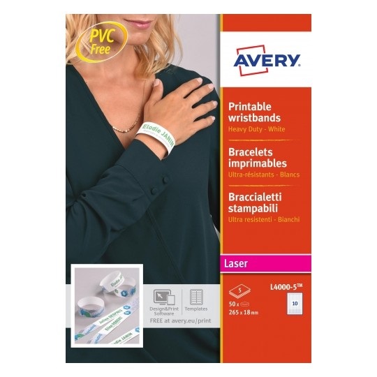 Avery L4000-5 Braccialetti Identificativi Stampabili Bianchi 265x18 mm - Confezione da 5 Fogli (10 Etichette per Foglio) - Ultra Resistenti e Flessibili