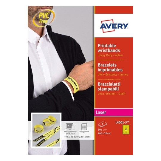 Avery Braccialetti Identificativi L4001-5 Giallo Ultra Resistente 265x18mm - Confezione da 5 Fogli