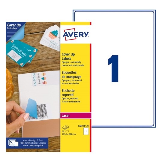 Avery L4610-25 Etichette Bianche Coprenti BlockOUT™ A4, 25 Fogli, 199,6x289,1 mm, Adesivo Permanente, per Stampanti Laser e Inkjet