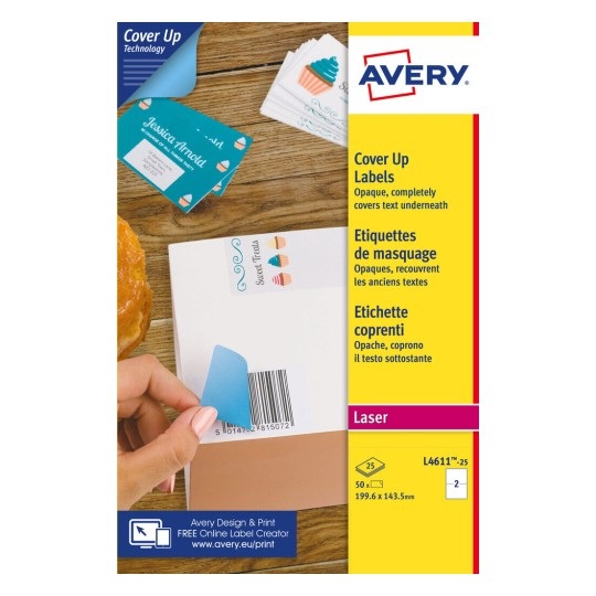 Avery L4611-25 Etichette Adesive Coprenti BlockOUT™ - 199,6 x 143,5 mm - 2 Etichette per Foglio - Confezione da 25 Fogli - Adesivo Permanente