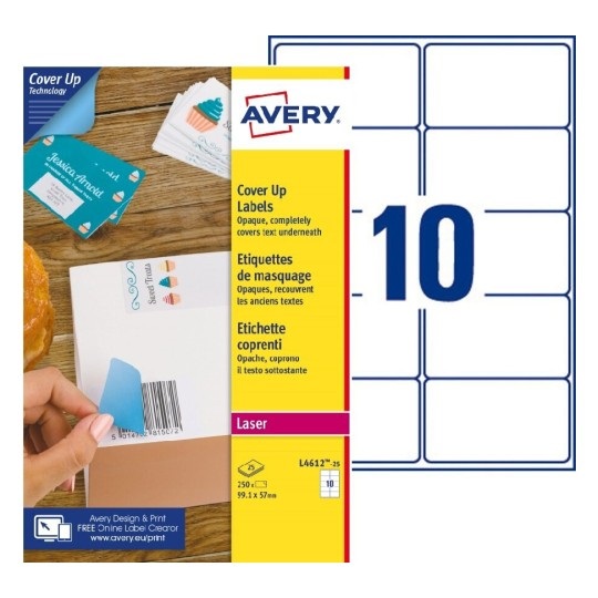 Avery L4612-25 Etichette adesive coprenti in carta bianca, 99,1 x 57 mm, 10 etichette per foglio, confezione da 25 fogli, adesivo permanente, compatibili con stampanti laser e inkjet