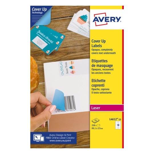 Avery L4612-25 Etichette adesive coprenti in carta bianca, 99,1 x 57 mm, 10 etichette per foglio, confezione da 25 fogli, adesivo permanente, compatibili con stampanti laser e inkjet