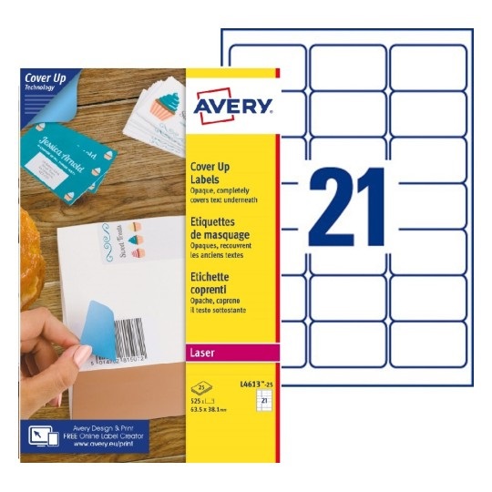 Avery L4613-25 Etichette Adesive Coprenti in Carta Bianca Certificata FSC - 63,5x38,1mm - 21 Etichette per Foglio - Confezione da 25 Fogli - Adesivo Permanente