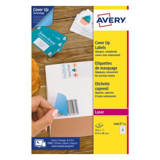 Avery L4613-25 Etichette Adesive Coprenti in Carta Bianca Certificata FSC - 63,5x38,1mm - 21 Etichette per Foglio - Confezione da 25 Fogli - Adesivo Permanente