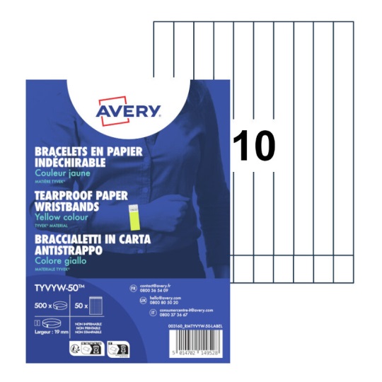 Avery Braccialetti Identificativi in Tyvek® Giallo Fluo - Conf. 500 Pezzi - Resistenti all'Acqua e Antistrappo