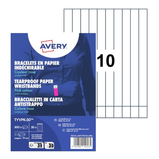 Avery Braccialetti Identificativi in Tyvek® Rosa Fluo - 500 Pezzi, Resistenti all'Acqua, Antistrappo, Adattabili a Tutte le Taglie