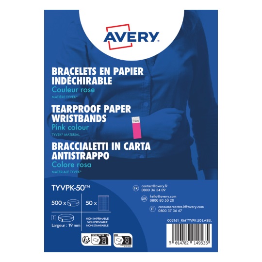Avery Braccialetti Identificativi in Tyvek® Rosa Fluo - 500 Pezzi, Resistenti all'Acqua, Antistrappo, Adattabili a Tutte le Taglie
