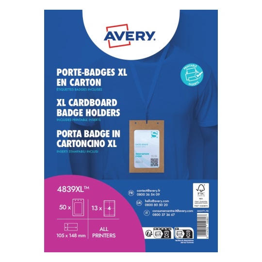 Avery 4839XL Porta Badge A6 in Cartoncino - 50 Pezzi con 52 Inserti Certificati FSC®