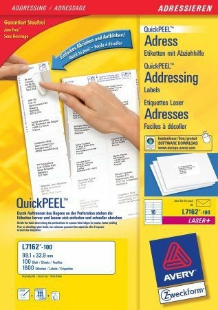 Avery L7162-100 Etichette Adesive Bianche A4 - 99,1 x 33,9 mm - 16 Etichette per Foglio - Confezione da 100 Fogli - Angoli Arrotondati - Tecnologia QuickPEEL™