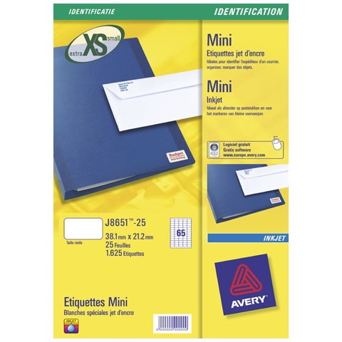 Avery J8651-25 Mini Etichette adesive bianche 38,1 x 21,2 mm - 65 etichette per foglio - Confezione da 25 fogli - Compatibili con stampanti Inkjet